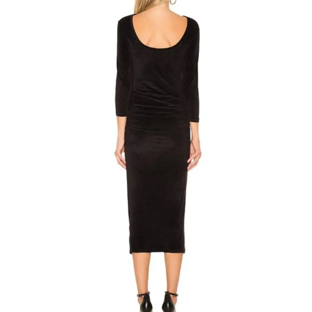 James Perse Los Angeles NWOT Black Fitted Low Back Velvet Ruched Midi Dress - Picture 3 of 11